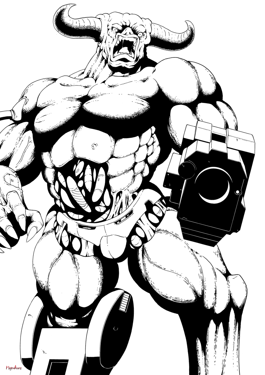 aiming aiming_at_viewer arm_cannon cowboy_shot cyberdemon cyborg demon doom_(series) greyscale highres monochrome muscular number10_(hagakure) open_mouth prosthesis prosthetic_leg prosthetic_weapon rocket_launcher solo weapon