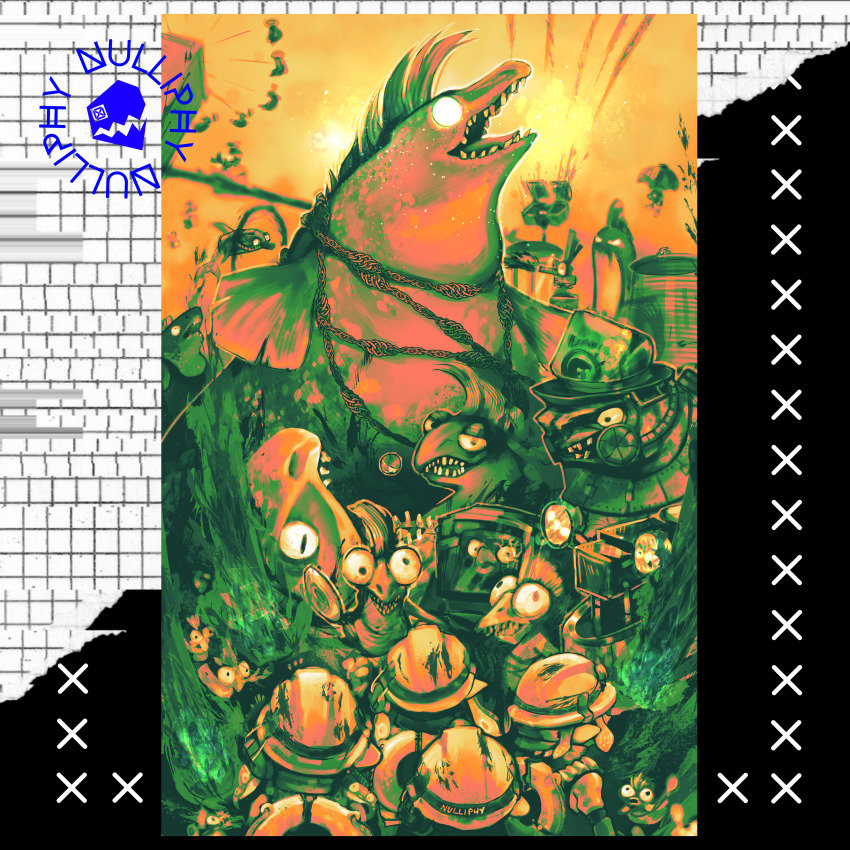 4others absurdres artist_name big_shot_(splatoon) blank_eyes border bulging_eyes chinook_(splatoon) chum_(splatoon) cohock_(splatoon) cohozuna_(splatoon) drizzler_(splatoon) elbow_gloves everyone fish_stick_(splatoon) flipper-flopper_(splatoon) flyfish_(splatoon) from_behind frying_pan giant gloves glowing glowing_eyes griller_(splatoon) half-closed_eyes headlamp helmet highres holding holding_frying_pan holding_spoon inkling inkling_player_character jumpsuit lifebuoy looking_at_another looking_up maws_(splatoon) mohawk monochrome mudmouth_(splatoon) multiple_others nintendo nulliphy octoling octoling_player_character open_mouth orange_outline orange_sky other_focus outdoors outline pointy_ears profile salmon_run_(splatoon) scrapper_(splatoon) short_hair signature sky slammin&#039;_lid_(splatoon) smallfry_(splatoon) splatoon_(series) splatoon_3 spoon standing steel_eel_(splatoon) steelhead_(splatoon) stinger_(splatoon) suction_cups sunset swim_ring teeth tentacle_hair tentacles upper_body wall-eyed watermark white_eyes white_outline