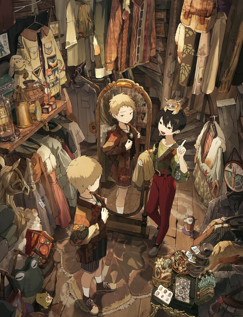 2boys absurdly_detailed_composition absurdres belt black_hair box braid braided_ponytail brown_footwear brown_hair chakotata clothes_hanger clothes_shop commentary_request creature creature_on_head doll embroidery frog from_above full-length_mirror green_shirt grey_footwear hair_over_shoulder hand_up highres index_finger_raised indoors jacket jewelry light_brown_hair loaded_interior long_sleeves looking_at_another looking_at_mirror looking_away male_focus mirror multicolored_jacket multiple_boys necklace original ornament pants pendant red_pants reflection shirt shoes short_hair shorts single_braid smile sneakers socks spiral_staircase stairs standing stuffed_animal stuffed_dog stuffed_rabbit stuffed_toy trying_on_clothes unworn_clothes vase vest white_socks wooden_floor