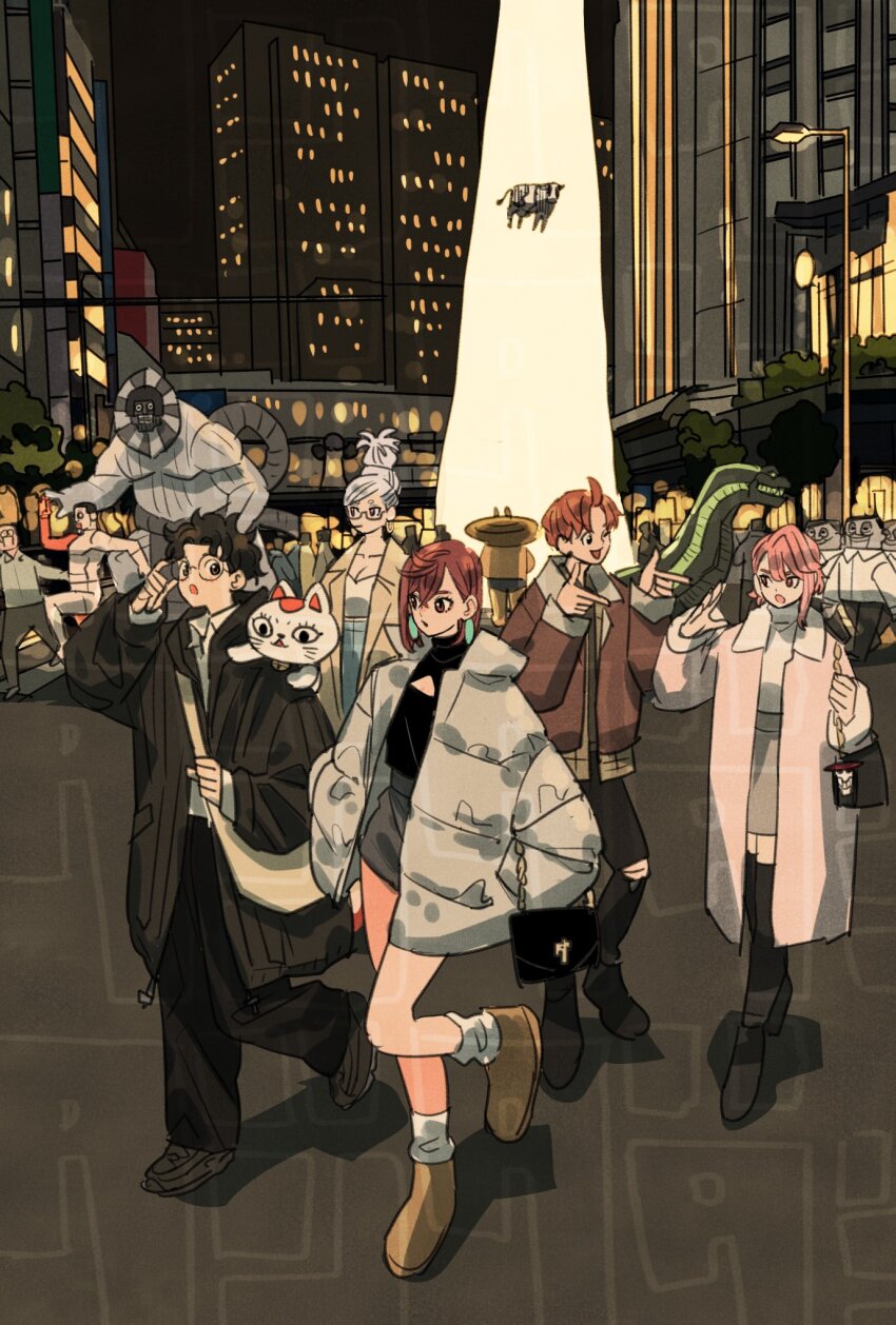 3girls 6+boys abduction acrobatic_silky_(dandadan) adjusting_eyewear alien alternate_costume animal ayase_momo ayase_seiko bag black_hair black_pants black_shirt breasts brown_eyes brown_hair brown_jacket building cat cigarette cleavage cleavage_cutout clothing_cutout coat collarbone collared_shirt commentary_request cow dandadan earrings enjoji_jin flatwoods_monster_(dandadan) full_body glasses grandmother_and_granddaughter highres jacket jewelry lamppost long_hair long_sleeves looking_at_another mature_female miniskirt mouth_hold mr._mantis_shrimp multiple_boys multiple_girls nessie_(dandadan) night night_sky on_shoulder one_eye_closed open_clothes open_coat open_jacket open_mouth orange_hair outdoors pants pink_coat pink_hair pointing round_eyewear running serpo_(dandadan) shiratori_aira_(dandadan) shirt short_hair shoulder_bag skirt sky socks standing sweater takakura_ken_(dandadan) takeuchi_ryousuke taro_(dandadan) torn_clothes torn_pants tractor_beam turbo_granny_(dandadan) turtleneck turtleneck_sweater walking white_hair white_shirt white_socks