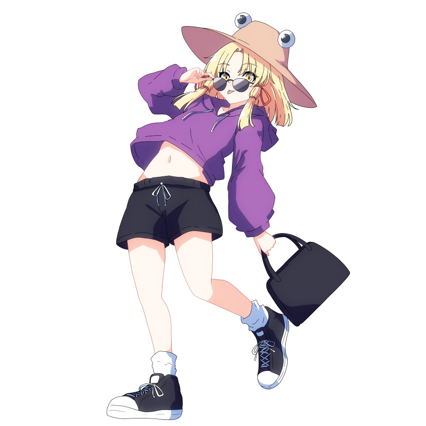 1girl absurdres adjusting_eyewear bag black-framed_eyewear blonde_hair contemporary full_body hair_ribbon handbag hat highres holding holding_bag hood hood_down hoodie long_sleeves looking_at_viewer midriff moriya_suwako pioartstuff purple_hoodie red_ribbon ribbon shoes short_shorts shorts simple_background sneakers socks solo sunglasses tongue tongue_out touhou white_background white_socks yellow_eyes