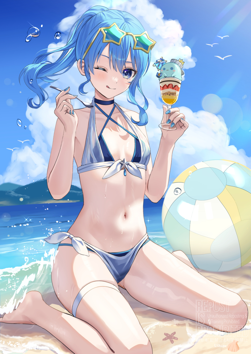 1girl ;q alternate_costume asymmetrical_sidelocks ball barefoot beach beachball bikini blue_bikini blue_choker blue_eyes blue_hair blue_sky choker cloud commentary_request criss-cross_halter cumulonimbus_cloud cup day double-parted_bangs eyewear_on_head hair_between_eyes halterneck highres holding holding_cup holding_spoon hololive hoshimachi_suisei layered_bikini looking_at_viewer medium_hair nakaneabura8623 navel ocean one_eye_closed outdoors ponytail side-tie_bikini_bottom sidelocks sitting sky smile solo spoon star_(symbol) star_in_eye stomach sunglasses swimsuit symbol_in_eye thigh_strap tongue tongue_out virtual_youtuber white_bikini