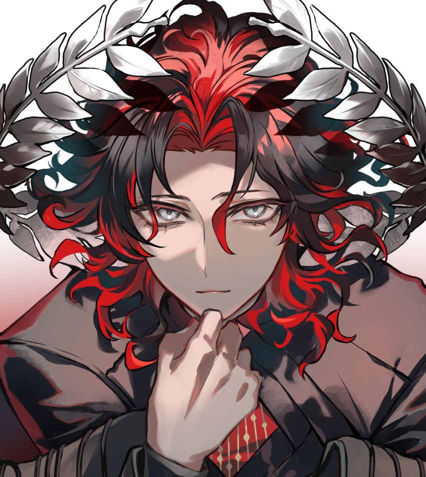 1boy chest_belt curly_hair dante_alighieri_(fate) dante_alighieri_(third_ascension)_(fate) fate/grand_order fate_(series) feather_nib_pen floating_crown grey_eyes highres laurel_crown male_focus multicolored_hair poppoman solo torn_clothes torn_coat two-tone_hair