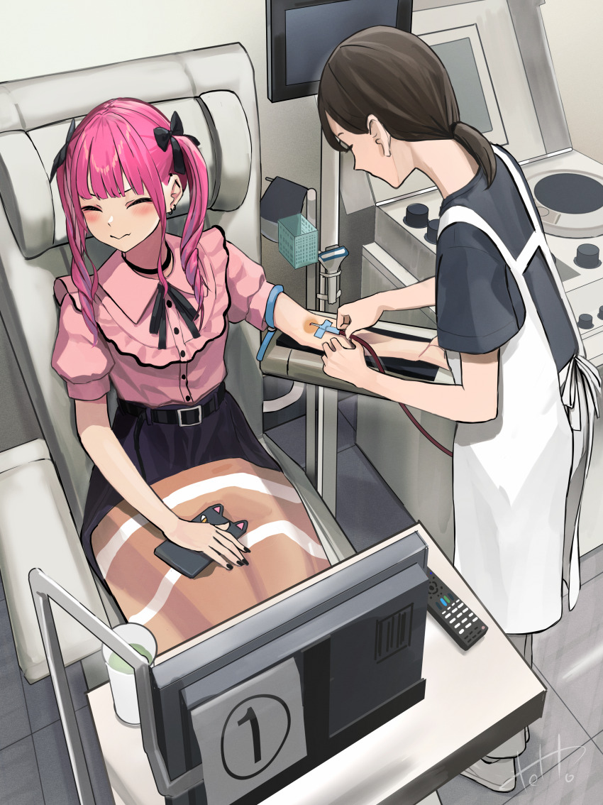 2girls absurdres apron armrest belt black_belt black_choker black_hair black_nails black_ribbon black_shirt black_skirt black_trim blanket blood_donation blunt_bangs blush buttons cellphone choker clenched_hand closed_eyes closed_mouth commentary_request controller cup ear_piercing earrings frilled_shirt frills hair_ribbon highres hinamizawa_hinami_(tetto) holding holding_phone indoors intravenous_drip jewelry jirai_kei leather_belt legs_together long_hair monitor multiple_girls nail_polish neck_ribbon nurse on_lap original outstretched_arm pants parted_bangs phone phone_with_ears piercing pink_hair pink_shirt ponytail puffy_short_sleeves puffy_sleeves remote_control ribbon scared shirt shirt_tucked_in shoes short_sleeves sidelocks sitting skirt smartphone swept_bangs television tetto_(onnoveltet) tube twintails white_apron white_footwear white_pants wide_sleeves