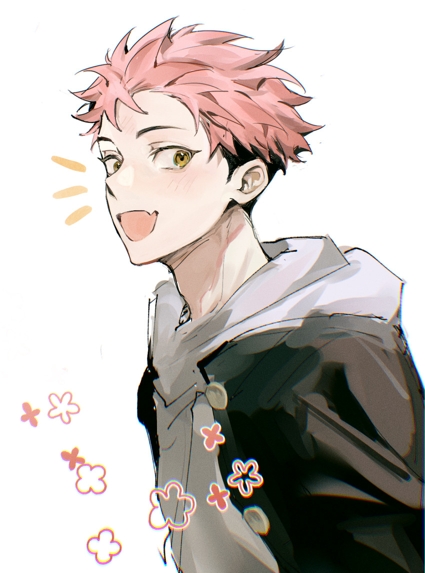 1boy black_hair black_jacket commentary fang grey_hoodie highres hood hood_down hoodie ilovegreenriver itadori_yuuji jacket jujutsu_kaisen looking_to_the_side male_focus multicolored_hair open_mouth pink_hair short_hair sideburns sideways_glance solo symbol-only_commentary two-tone_hair upper_body yellow_eyes