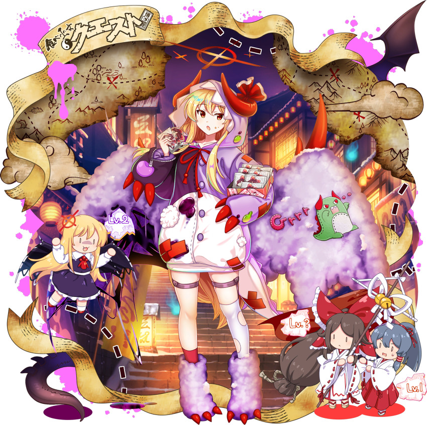 3girls :3 absurdly_long_hair aged_up alternate_costume asymmetrical_legwear black_skirt black_vest blonde_hair blue_hair boots bow brown_hair chibi chihaya_(clothing) closed_mouth collared_shirt ex-rumia fang food food_on_face frilled_hair_tubes frilled_shirt_collar frilled_skirt frills game_cg gensokyo&#039;s_first_hakurei_miko hair_bow hair_tubes hakama hakurei_reimu halo highres holding holding_food hood hood_up hoodie horned_hood horns huge_bow japanese_clothes kimono kneehighs kosode long_hair long_sleeves looking_at_viewer map miko mismatched_legwear miyadeguchi_mizuchi miyadeguchi_mizuchi_(human) multicolored_hoodie multiple_girls official_art open_mouth ponytail purple_boots purple_hoodie red_bow red_hakama red_socks ribbon-trimmed_sleeves ribbon_trim rotte_(1109) rumia rumia_(youkai_of_the_darkest_dusk) sandals shirt single_kneehigh single_sock single_thighhigh skirt skirt_set socks stairs sweatdrop thigh_strap thighhighs third-party_source torn_clothes torn_thighhighs touhou touhou_lostword translation_request transparent_background uneven_legwear very_long_hair vest white_kimono white_shirt white_thighhighs wide_sleeves wings yellow_eyes yin_yang yukkuri_shiteitte_ne