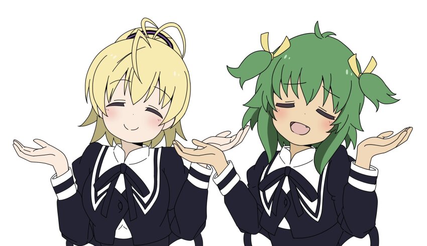 2girls andou_tazusa assault_lily blonde_hair double_bun green_hair hair_bun highres light_blush multiple_girls open_mouth school_uniform short_hair shrugging smile unu_(yayoinoasagohan) white_background yoshimura_thi_mai yurigaoka_girls_academy_school_uniform