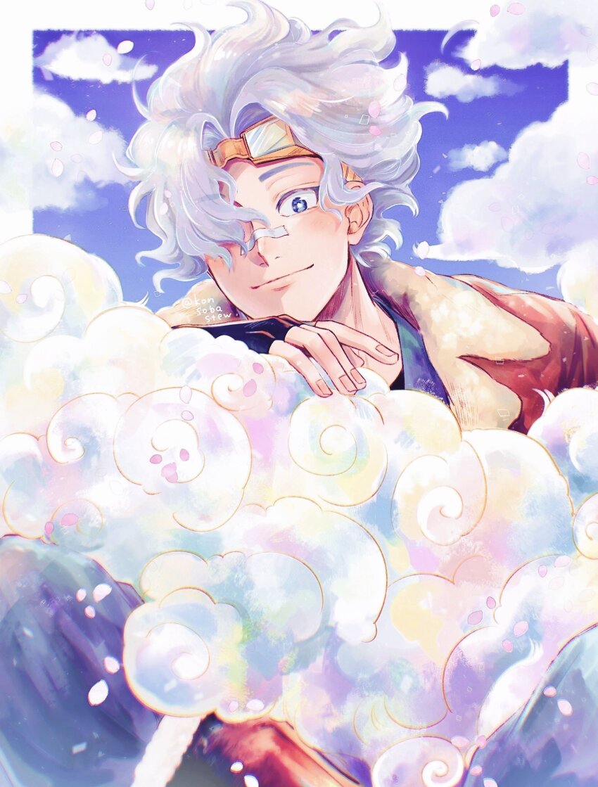 1boy absurdres bandaid bandaid_on_face bandaid_on_nose black_gloves blue_background blue_eyes boku_no_hero_academia border bright_pupils closed_mouth cloud commentary fingerless_gloves fingernails gloves goggles goggles_on_head highres konsobastew looking_at_viewer loud_cloud male_focus short_hair sitting solo symbol-only_commentary twitter_username white_border white_hair white_pupils