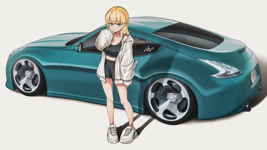 1girl absurdres black_shorts black_sports_bra blonde_hair blue_eyes bokuya breasts car cleavage closed_mouth commentary_request gyaru highres hood hooded_jacket jacket license_plate looking_at_viewer motor_vehicle nissan nissan_fairlady_z open_clothes open_jacket original shadow shoes shorts simple_background smile sneakers sports_bra sports_car white_background white_jacket white_shoes