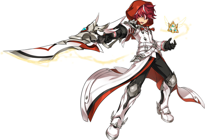 1boy armored_boots belt belt_buckle black_gloves black_pants boots bracelet buckle buttons coat crossed_belts detached_hood determined diamond_brooch dot_nose electricity electrokinesis elsword elsword_(character) floating_clothes full_body game_cg gem gloves hair_between_eyes highres holding holding_sword holding_weapon hood hood_up hwansang jewelry knee_pads long_sleeves looking_at_viewer male_focus multicolored_hair multiple_belts object_floating_above_hand official_art open_mouth outstretched_arm pants red_coat red_eyes red_gemstone red_hair red_hood second-party_source short_hair solo standing streaked_hair sword tachi-e tassel teeth transparent_background tsurime two-sided_coat two-sided_fabric upper_teeth_only v-shaped_eyebrows weapon white_belt white_boots white_coat white_hair