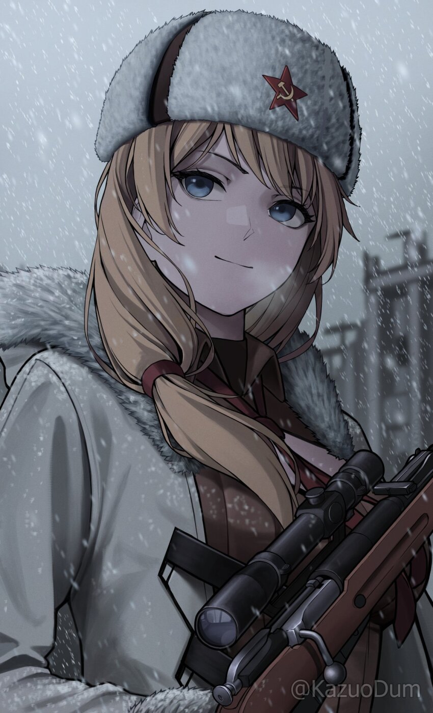 1girl artist_name blonde_hair blue_eyes bolt_action coat girls&#039;_frontline gun hair_tie hammer_and_sickle hat highres holding holding_gun holding_weapon kazuodum light_smile long_hair looking_to_the_side mosin-nagant mosin-nagant_(girls&#039;_frontline) open_clothes red_ribbon red_star ribbon rifle scope sidelocks smile snow snowing star_(symbol) upper_body ushanka weapon white_coat