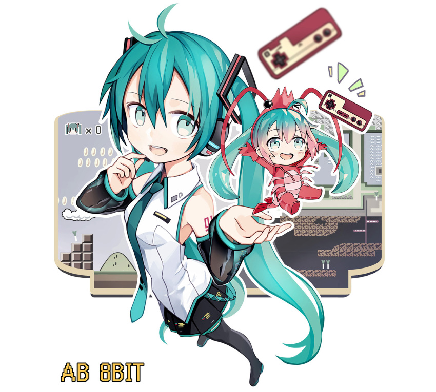 2girls aqua_eyes aqua_hair bare_shoulders blush cloud coin commentary controller detached_sleeves dual_persona foreshortening from_above full_body game_controller hands_up hatsune_miku hatsune_miku_(vocaloid3) headphones headset highres holding holding_microphone kari_kenji long_hair microphone mini_person minigirl multiple_girls necktie one_eye_closed see-through_clothes shirt shoulder_tattoo shrimp_costume skirt smile spring_onion tattoo thighhighs twintails very_long_hair video_game vocaloid white_shirt