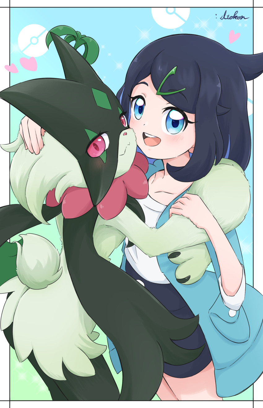 1girl :d absurdres black_hair black_shorts blue_eyes border coat collarbone colored_inner_hair commentary_request creatures_(company) game_freak happy heart highres hug itokon liko_(pokemon) meowscarada multicolored_hair nintendo open_clothes open_coat open_mouth outside_border pokemon pokemon_(anime) pokemon_(creature) pokemon_horizons shirt shorts signature smile teeth tongue upper_teeth_only white_border white_shirt