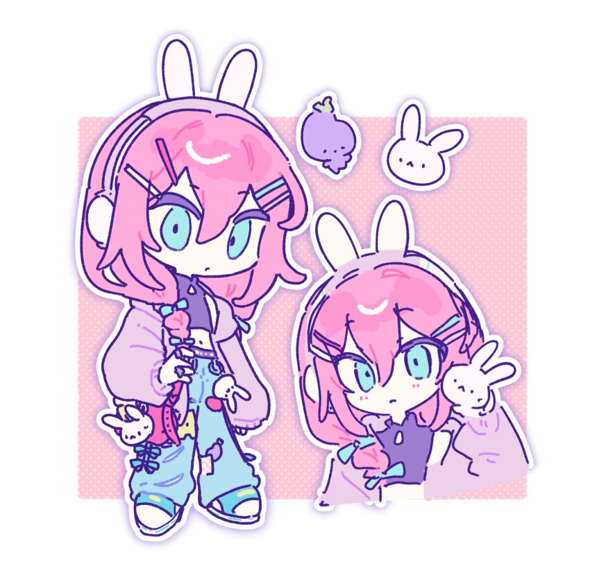 1girl animal_ear_headphones animal_ears aubrey_(birthday)_(omori) aubrey_(faraway)_(omori) aubrey_(omori) bag_charm blue_bow blue_eyes bow braid character_charm charm_(object) chibi chibi_only closed_mouth crop_top cupcake_bunny_(omori) denim fake_animal_ears forest_bunny?_(omori) forest_bunny_(omori) hair_bow hair_ornament hairclip headphones highres higiki jacket jeans long_hair long_sleeves low_twin_braids mr._plantegg_(omori) navel omori pants pink_hair pink_jacket rabbit_ear_headphones shoes sneakers solo torn_clothes torn_jeans torn_pants twin_braids