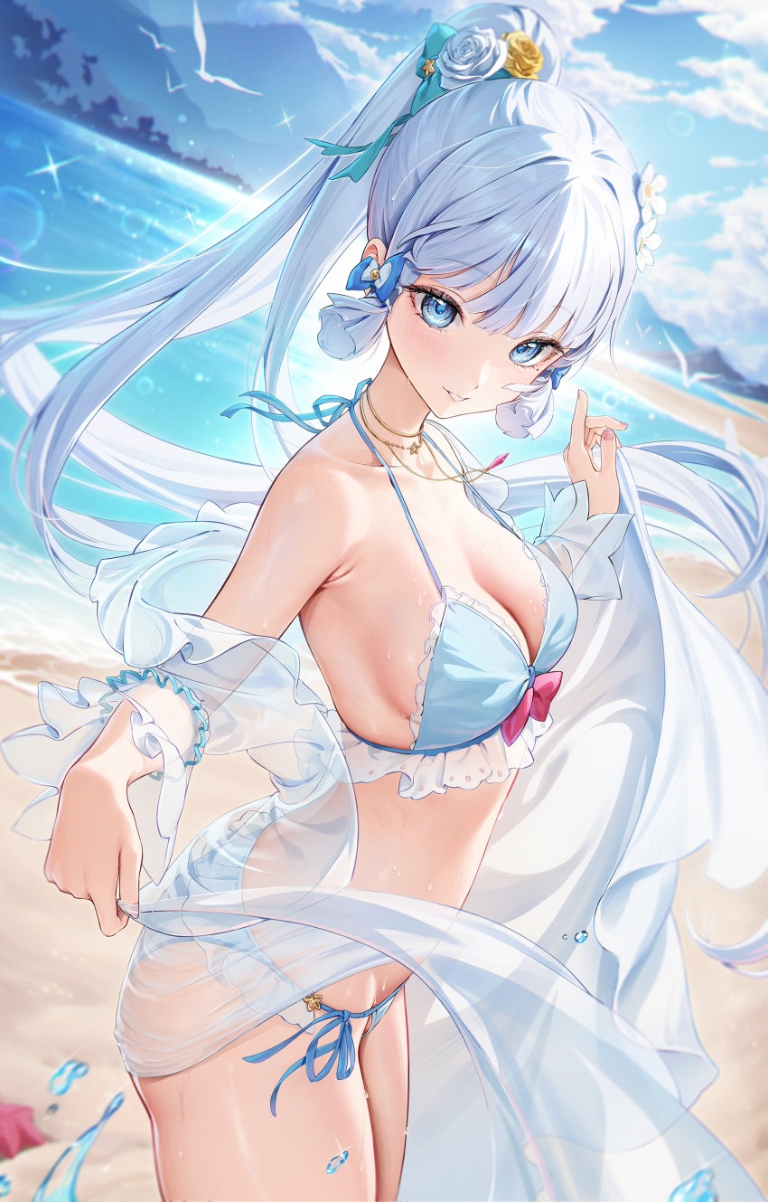 1girl absurdres alternate_costume ayaka_(genshin_impact) beach bikini bird blue_bikini blue_eyes blue_hair blue_sky blunt_bangs breasts cleavage cloud commentary_request flower frilled_bikini frills genshin_impact hair_flower hair_ornament hair_ribbon halterneck highres houkisei jewelry light_blue_hair long_hair medium_breasts necklace ocean outdoors parted_lips ponytail ribbon see-through_clothes see-through_shawl shawl side-tie_bikini_bottom sideboob sky smile solo swimsuit tress_ribbon white_bird