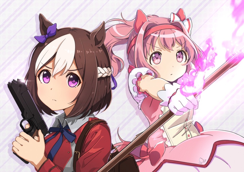 2girls absurdres animal_ears backpack bag bow brown_hair closed_mouth cosplay dress ear_bow ear_ribbon fire flower-shaped_pupils gun hairband handgun haru_urara_(umamusume) highres holding holding_gun holding_weapon horse_ears horse_girl horse_tail kaname_madoka kaname_madoka_(cosplay) lycoris_recoil lycoris_uniform m1911 mahou_shoujo_madoka_magica mahou_shoujo_madoka_magica_(anime) moko39_takasora multicolored_hair multiple_girls nishikigi_chisato nishikigi_chisato_(cosplay) pink_dress pink_fire pink_hair ponytail puffy_short_sleeves puffy_sleeves purple_eyes purple_ribbon red_dress red_hairband ribbon short_sleeves special_week_(umamusume) symbol-shaped_pupils tail two-tone_hair umamusume v-shaped_eyebrows weapon white_bow white_hair