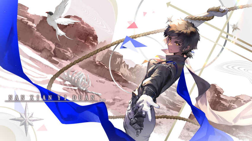 1boy animal_skeleton arknights bird black_hair black_shirt blue_scarf chinese_commentary commentary_request dark-skinned_male dark_skin desert dutch_angle gloves looking_at_viewer male_focus nanxianyiduan outstretched_hand pants rope scarf shirt short_hair solo thorns_(arknights) thorns_the_lodestar_(arknights) watermark white_gloves white_pants yellow_eyes