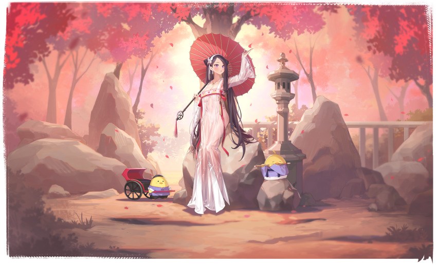 1girl absurdly_long_hair absurdres arm_up autumn autumn_leaves azur_lane barefoot bikini bikini_bottom_only bird black_hair blonde_hair blue_eyes blush border breasts bush chick chinese_clothes cleavage closed_mouth collarbone colored_inner_hair cone_hair_bun covered_navel day detached_sleeves double_bun dress earrings falling_leaves falling_petals flower forest full_body grass hai_yung_(azur_lane) hai_yung_(maple_impressions)_(azur_lane) hair_bun hair_flower hair_ornament hairband hanfu highres holding holding_umbrella jewelry large_breasts leaf long_dress long_hair long_sleeves looking_at_viewer manjuu_(azur_lane) multicolored_hair nature navel no_bra non-web_source official_alternate_costume official_art oil-paper_umbrella open_mouth outdoors parted_bangs parted_lips petals popqn purple_eyes qixiong_ruqun railing red_ribbon red_umbrella ribbon rock see-through_clothes see-through_dress see-through_sleeves solo standing stone_lantern sunset swimsuit tassel tree umbrella umbrella_over_shoulder very_long_hair white_dress white_sleeves wide_shot wide_sleeves