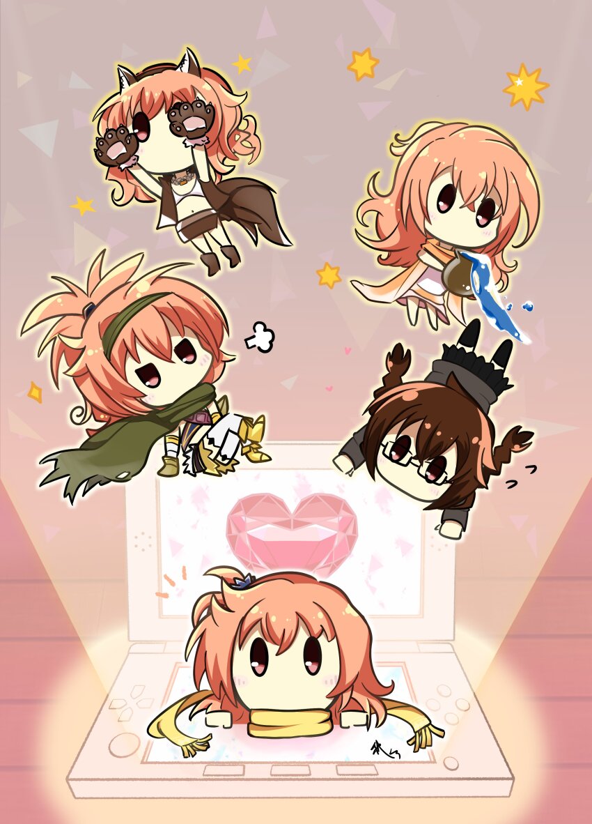 5girls absurdres animal_ears animal_hands black-framed_eyewear black_skirt blue_scrunchie blush_stickers braid brown_hair brown_skirt chibi chibi_only commentary_request crossed_legs fake_animal_ears fake_tail flying_sweatdrops glasses gloves green_scarf hair_between_eyes hair_down hair_ornament hair_scrunchie halloween_costume handheld_game_console hands_up heart high_ponytail highres inaba_meguru jitome long_hair looking_at_viewer miniskirt multiple_girls multiple_persona nintendo_3ds notice_lines obsidiaki official_alternate_costume official_alternate_hairstyle one_side_up orange_hair paw_gloves pink_background pleated_skirt ponytail puff_of_air red_eyes sanoba_witch scarf scrunchie signature simple_background sitting skirt sparkle standing star_(symbol) tail twin_braids water wide_shot wolf_ears wolf_tail yellow_scarf |_|