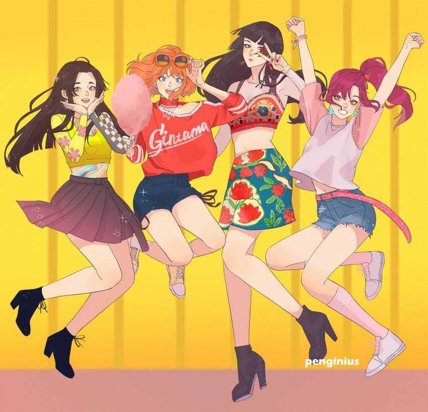 4girls arms_up blackpink blue_eyes blunt_bangs boots brown_hair choker commentary_request cosplay cotton_candy denim denim_shorts earrings floral_print gintama heart heart_earrings high_heel_boots high_heels highres imai_nobume jennie_(blackpink) jennie_(blackpink)_(cosplay) jewelry jisoo_(blackpink) jisoo_(blackpink)_(cosplay) jumping kagura_(gintama) lisa_(blackpink) lisa_(blackpink)_(cosplay) long_hair looking_at_viewer multiple_girls orange_hair parted_bangs penginius pink_hair ponytail red_eyes rose_(blackpink) rose_(blackpink)_(cosplay) shorts sidelocks skirt terakado_tsuu tokugawa_soyo v