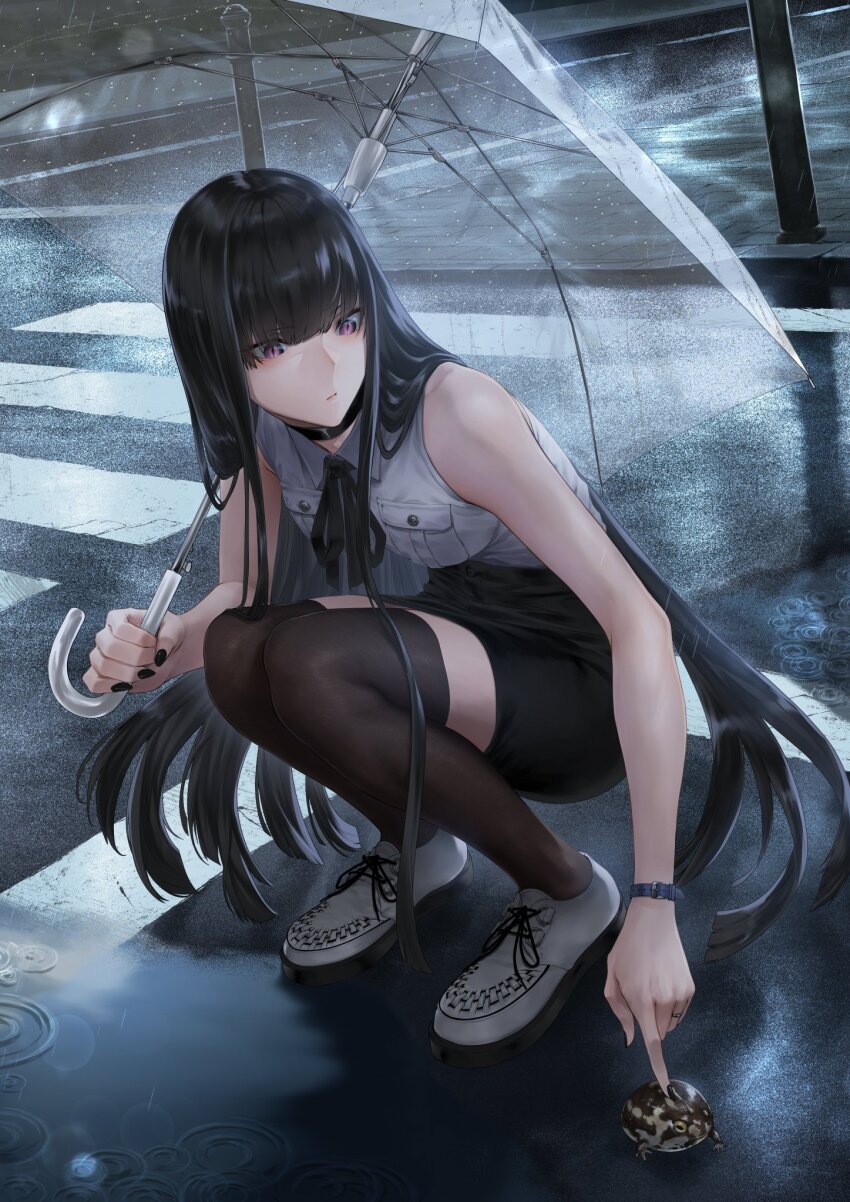 1girl animal black_hair black_nails black_ribbon black_skirt black_thighhighs blunt_bangs breast_pocket breasts collared_shirt crosswalk fate/grand_order fate_(series) fingernails frog full_body highres holding holding_umbrella long_hair medium_breasts miniskirt mugetsu2501 neck_ribbon oryou_(fate) pocket poking purple_eyes rain ribbon road shirt shoes skirt sleeveless sleeveless_shirt sneakers solo squatting street thighhighs transparent transparent_umbrella umbrella very_long_hair white_shirt white_shoes