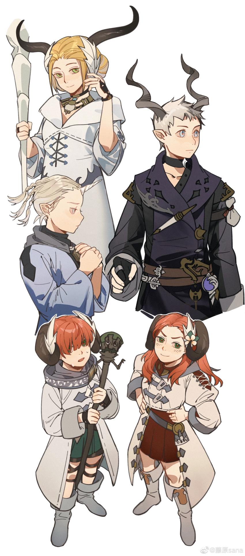 2girls 3boys a-ruhn-senna absurdres black_robe blonde_hair blue_robe boots character_request check_gender chinese_commentary choker collarbone commentary crystal e-sumi-yan final_fantasy final_fantasy_xiv flower forehead fujiwara_sana gender_request green_eyes green_shorts grey_eyes grey_footwear grey_hair hair_behind_ear hair_flower hair_ornament hair_over_eyes hands_on_own_hips headpiece highres holding holding_staff horns kan-e-senna long_hair mage_staff multiple_boys multiple_girls orange_hair own_hands_together parted_bangs pointy_ears praying raya-o-senna red_skirt robe short_hair shorts simple_background skirt sleeves_rolled_up staff talisman tri_braids watermark weibo_watermark white_background white_mage_(final_fantasy) white_robe