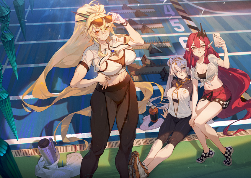 3girls arm_support artistic_error baobhan_sith_(fate) baobhan_sith_(morgan_stadium)_(fate) barghest_(fate) barghest_(morgan_stadium)_(fate) blonde_hair bottle breasts britomart_(fate) britomart_(morgan_stadium)_(fate) cleavage cleavage_cutout clothing_cutout day eyewear_on_head fate/grand_order fate_(series) green_eyes hair_between_eyes hand_on_own_hip heterochromia holding holding_phone huge_breasts hxxg large_breasts long_hair looking_at_phone looking_at_viewer medium_breasts multiple_girls navel official_art outdoors phone pointy_ears ponytail red_hair revision second-party_source short_sleeves shorts sitting smile standing sunglasses sweat sweaty_clothes thighs toned track_and_field twintails very_long_hair water_bottle wet wet_clothes white_hair zipper zipper_pull_tab