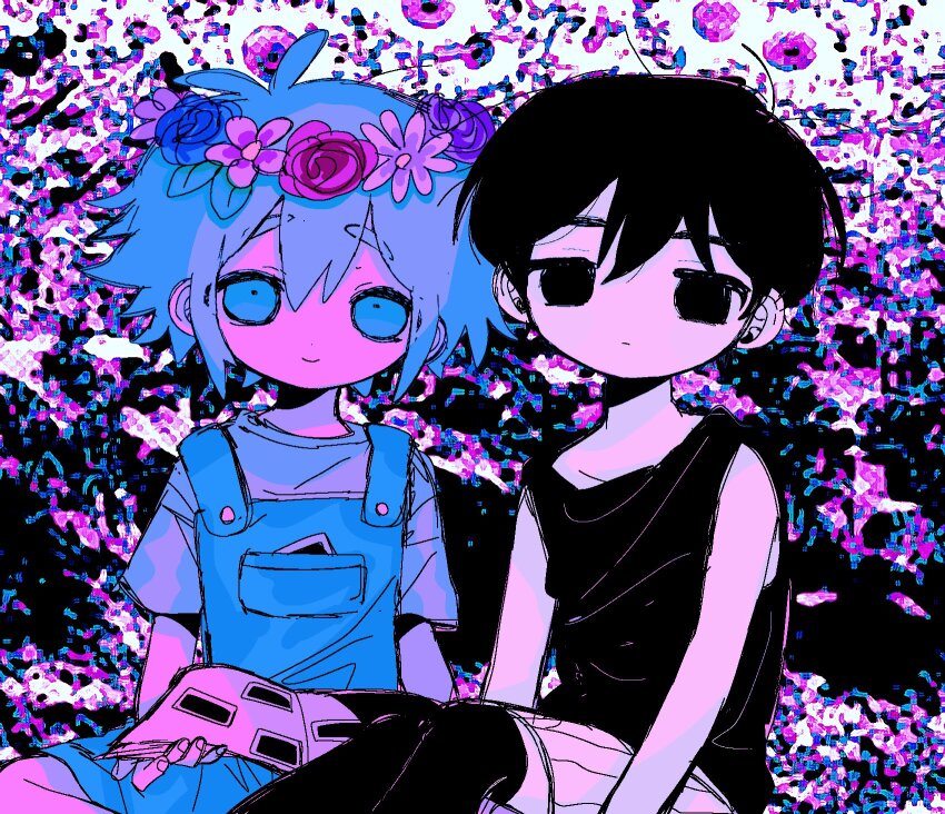 2boys antenna_hair basil_(headspace)_(omori) basil_(omori) black_eyes black_hair black_socks black_tank_top blue_overalls blush closed_mouth colored_skin expressionless flower green_eyes green_hair green_shirt head_wreath highres kobanzame_omo looking_at_viewer male_focus multiple_boys omori omori_(omori) over-kneehighs overall_shorts overalls photo_(object) scrapbook shirt short_hair short_sleeves shorts smile socks striped_clothes striped_shorts tank_top thighhighs vertical-striped_clothes vertical-striped_shorts white_shorts white_skin