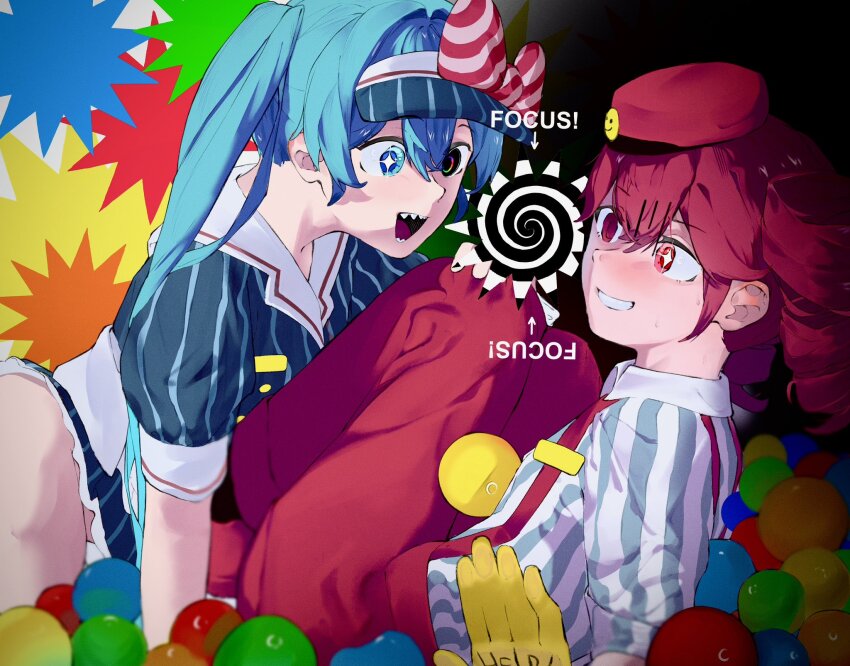 2girls apron ball black_eyes blue_dress blue_eyes blue_hair blush bow collared_shirt dress drill_hair flat_chest grin hat hat_bow hatsune_miku highres kasane_teto kepi lying mesmerizer_(vocaloid) military_hat multiple_girls nervous_smile open_mouth pants pinstripe_dress pinstripe_hat pinstripe_pattern red_hair red_hat red_pants sailor_collar sharp_teeth shirt short_sleeves smile smiley_hat_ornament star-shaped_pupils star_(symbol) striped_bow striped_clothes striped_shirt sweat symbol-shaped_pupils teeth twintails utau visor_cap vocaloid white_apron wing_collar yudaruu