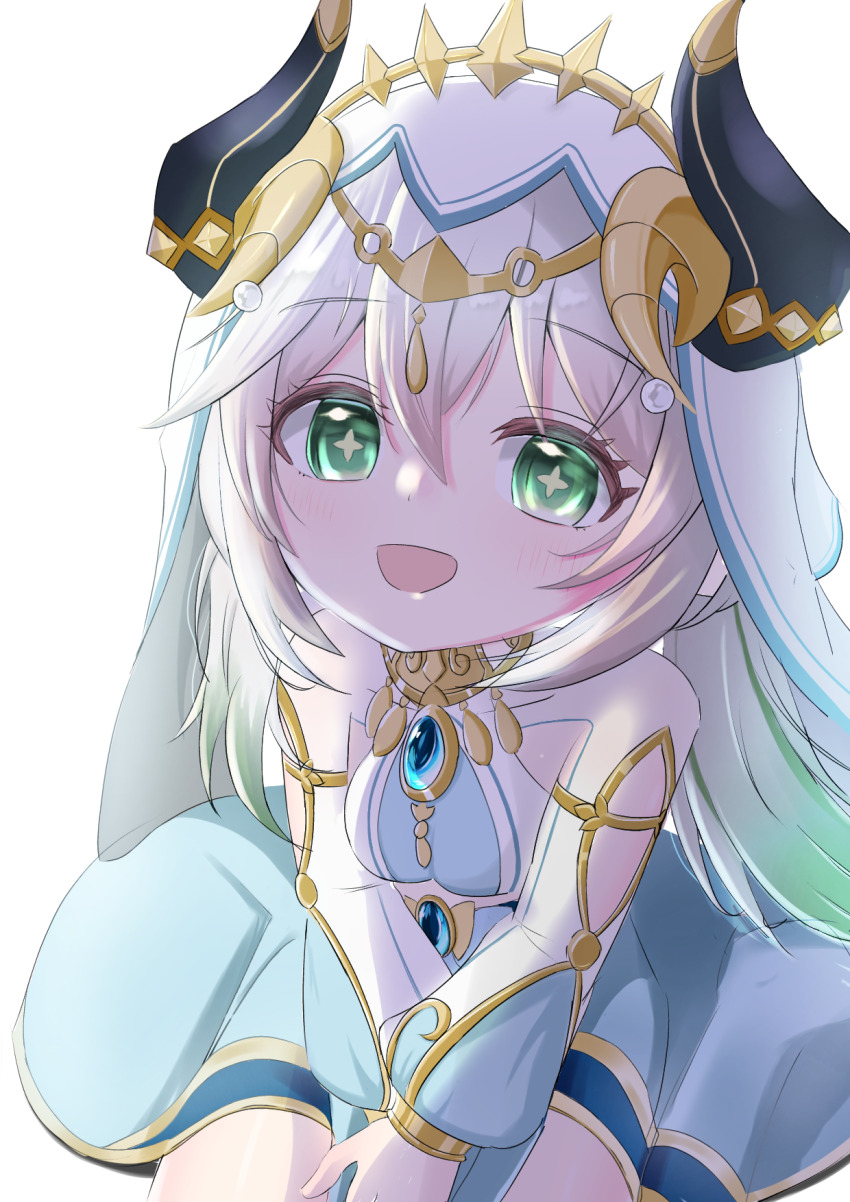 1girl adapted_costume blue_gemstone blush circlet commentary_request cosplay crop_top fake_horns gem genshin_impact gold_trim gradient_hair green_eyes green_hair hair_between_eyes highres horns long_hair long_sleeves looking_at_viewer multicolored_hair nahida_(genshin_impact) nilou_(genshin_impact) nilou_(genshin_impact)_(cosplay) open_mouth puffy_long_sleeves puffy_sleeves quupomg solo star-shaped_pupils star_(symbol) symbol-shaped_pupils veil white_background white_hair white_veil