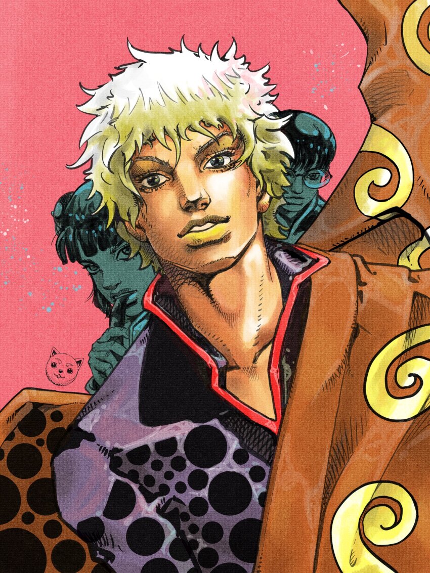 1girl 2boys araki_hirohiko_(style) ark_nemesis black_hair blonde_hair colored_skin eating gintama glasses green_skin highres japanese_clothes kagura_(gintama) kimono looking_at_viewer multiple_boys orange_kimono pink_background polka_dot polka_dot_shirt purple_shirt sakata_gintoki shimura_shinpachi shirt upper_body yellow_lips