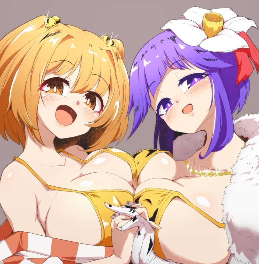 2girls asymmetrical_docking bell bra breast_press breasts checkered_clothes checkered_kimono coat elbow_gloves flower gloves gold hair_bell hair_flower hair_ornament hieda_no_akyuu highres holding_hands japanese_clothes jewelry kimono large_breasts motoori_kosuzu multiple_girls necklace pandain purple_hair short_hair sidelocks smile touhou two_side_up underwear