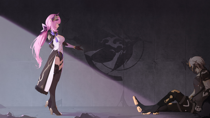 1boy 1girl absurdres black_boots black_gloves black_pants black_shirt black_shorts boots breasts cape chinese_commentary commentary_request corset elf elysia_(honkai_impact) elysia_(miss_pink_elf)_(honkai_impact) fire_moth_logo_(honkai_impact) gloves grey_hair hair_ornament highres honkai_(series) honkai_impact_3rd kalpas_(honkai_impact) long_hair mask mask_on_head medium_breasts offering_hand pants pointy_ears shirt short_hair short_shorts shorts shrug_(clothing) thigh_boots thighs torn_clothes torn_shirt via_shinan white_corset