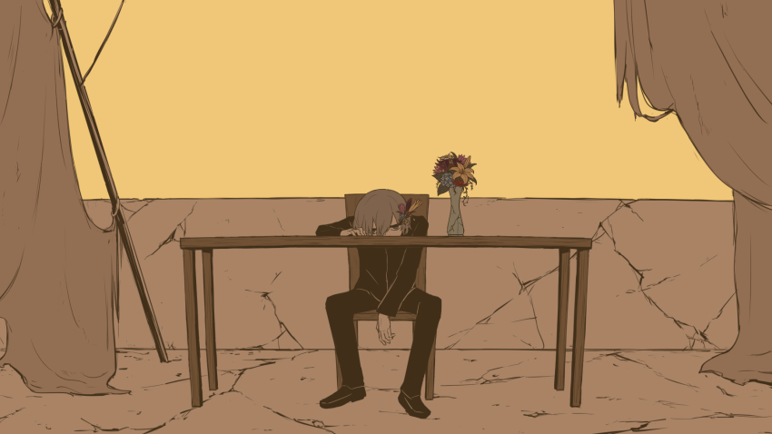 1boy avogado6 blue_eyes crack cracked_wall desk flower grey_hair hair_between_eyes highres male_focus original pants solo_focus tired