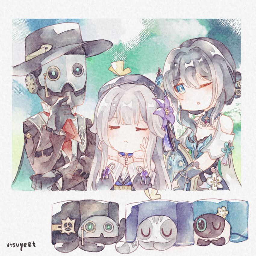 1boy 2girls android aqua_eyes beret black_coat black_gloves black_hair black_hat brown_hair choker closed_eyes closed_mouth coat critter_pick_(honkai:_star_rail) gloves hair_bun hand_up hat herta_(honkai:_star_rail) herta_(wisteria_cake)_(honkai:_star_rail) highres honkai:_star_rail honkai_(series) long_hair multiple_girls one_eye_closed open_mouth purple_choker ruan_mei_(honkai:_star_rail) ruan_mei_(lambda&#039;s_friend)_(honkai:_star_rail) screwllum_(honkai:_star_rail) sidelocks utsuyeet very_long_hair