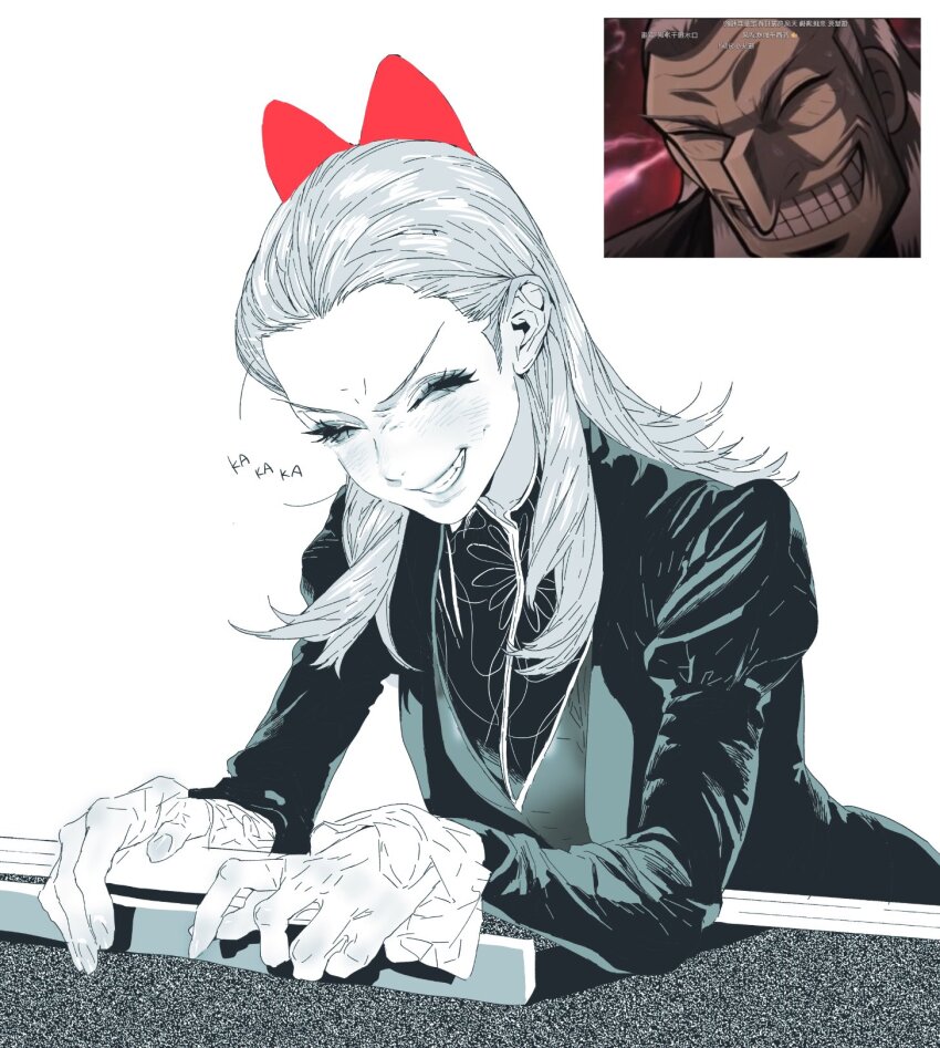 1girl aged_down akagi:_yami_ni_oritatta_tensai anime_screenshot_inset blush bow dress fukumoto_mahjong genderswap genderswap_(mtf) greyscale grin hair_slicked_back highres juliet_sleeves long_hair long_sleeves mahjong mahjong_tile mgong520 monochrome puffy_sleeves red_bow reference_inset shirt simple_background smile solo spot_color upper_body v-shaped_eyebrows vest washizu_iwao