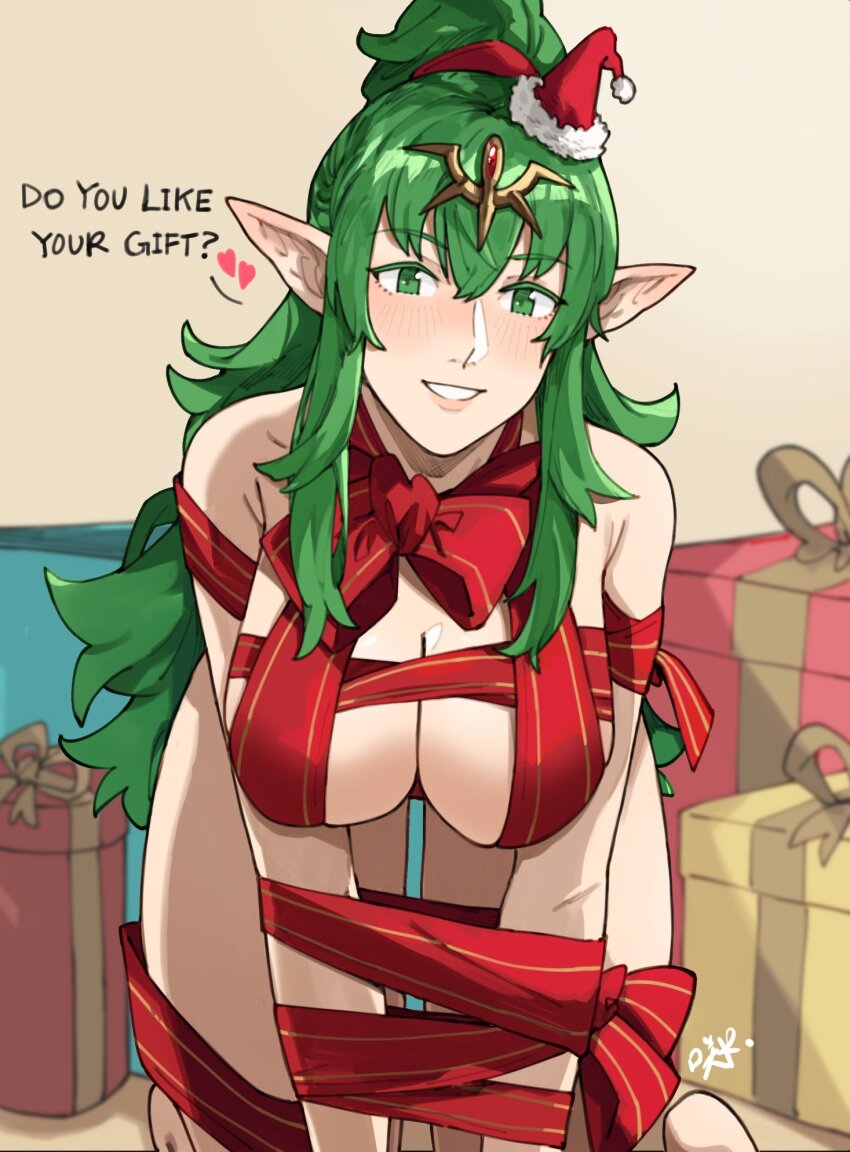 1girl all_fours breasts christmas_present commentary english_commentary fire_emblem fire_emblem_awakening gift green_eyes green_hair grin hair_ribbon hat heart highres large_breasts long_hair looking_at_viewer naked_ribbon nintendo pointy_ears ponytail red-rum ribbon sakuremi santa_hat smile solo teeth tiara tiki_(adult)_(fire_emblem) tiki_(fire_emblem) very_long_hair