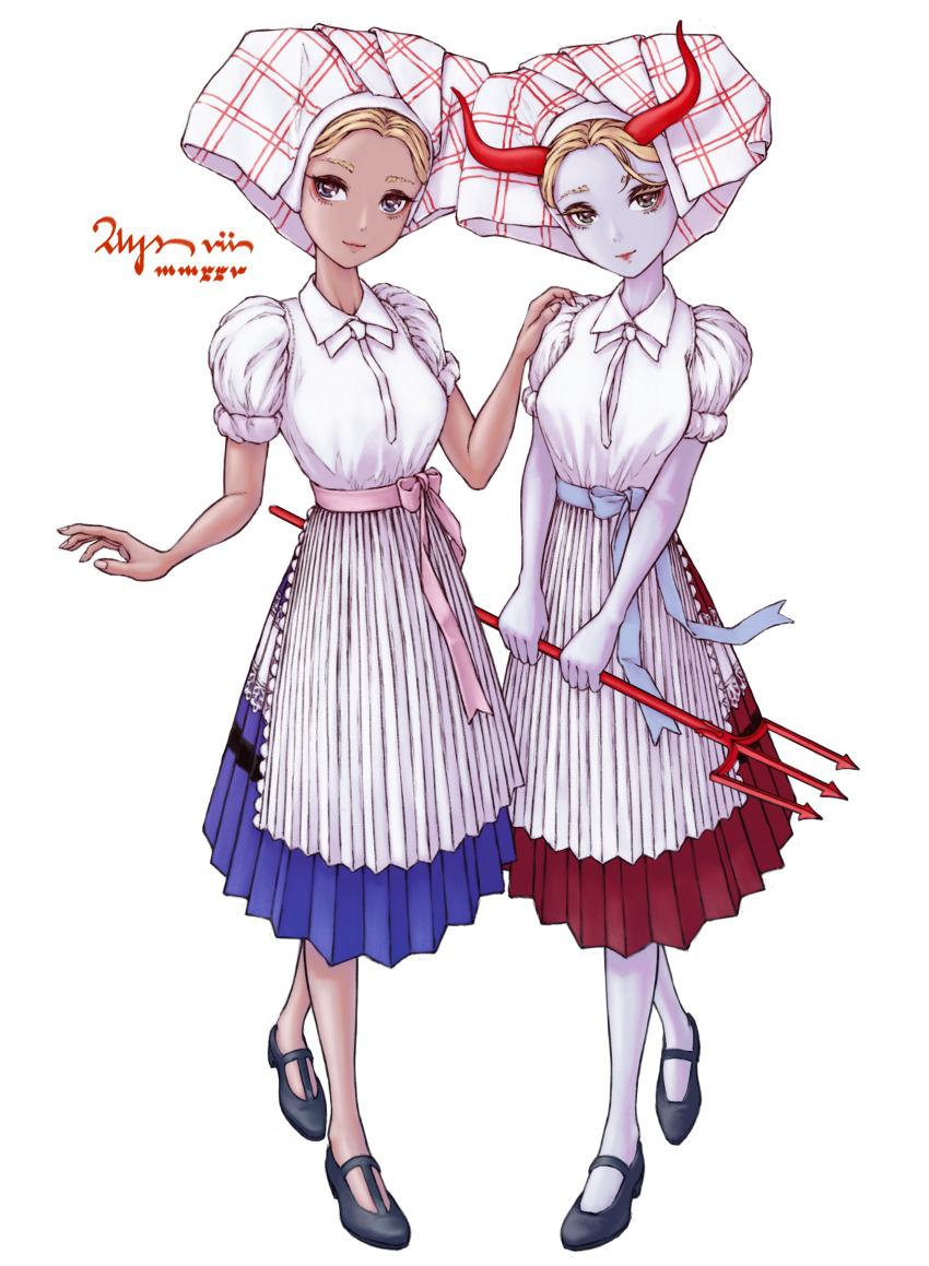 2girls absurdres apron ays_7 blonde_hair blue_eyes blue_skirt colored_skin demon_girl demon_horns full_body hand_on_another&#039;s_shoulder highres holding holding_polearm holding_weapon horns looking_at_viewer maid mary_janes multiple_girls original polearm purple_skin red_skirt shoes skirt standing trident weapon white_background