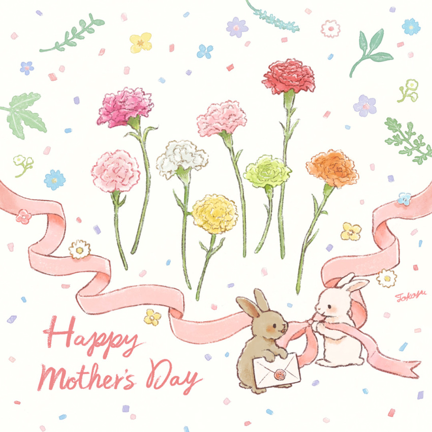 animal artist_name blue_flower blush bouquet carnation confetti english_text floral_background flower green_flower grey_fur holding holding_letter holding_ribbon leaf letter looking_at_another mother&#039;s_day no_humans orange_flower original parted_lips pink_flower pink_ribbon plant rabbit red_carnation red_flower ribbon smile standing tokoyu white_background white_flower white_fur yellow_flower