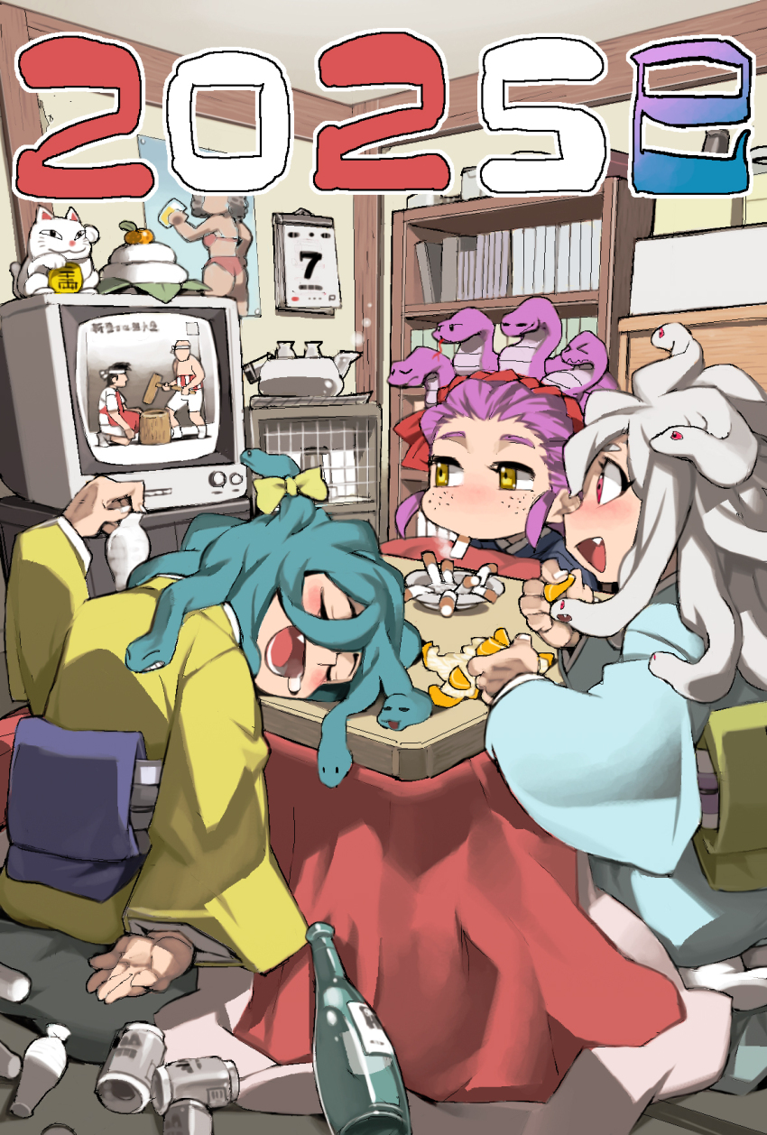 2025 3girls aqua_hair ashtray beer_can blue_kimono bottle calendar_(object) can chinese_zodiac cigarette crt drink_can food freckles fruit highres indoors japanese_clothes kimono kotatsu long_hair mandarin_orange maneki-neko multiple_girls nengajou new_year original pink_hair sitting sleeping slice_of_life smile smoking snake_hair table television under_kotatsu under_table watching_television white_hair wine_bottle year_of_the_snake yellow_kimono ysk!