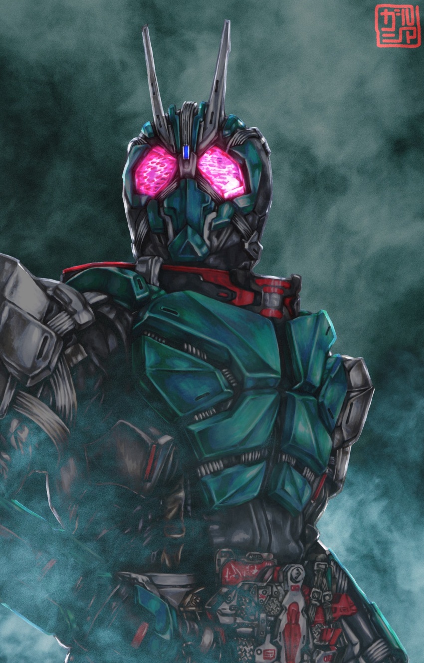 1boy antennae armor cycloneriser fog green_armor highres kamen_rider kamen_rider:_reiwa_the_first_generation kamen_rider_01_(series) kamen_rider_type-1 kamen_rider_zero-one levanshousa913 male_focus pink_eyes power_armor rider_belt rock_hopper signature solo_focus stamp_mark