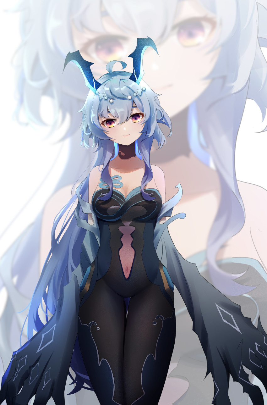 1girl absurdres blue_hair blue_horns bonanus_(genshin_impact) bonanus_(genshin_impact)_(cosplay) breasts cleavage collarbone cosplay covered_navel earrings ganyu_(genshin_impact) genshin_impact highres horns jewelry light_smile long_hair looking_at_viewer medium_breasts pantyhose qixia solo standing tassel tassel_earrings yellow_eyes