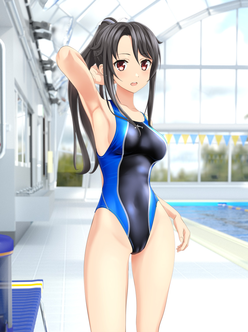 1girl absurdres armpits bench black_hair black_one-piece_swimsuit breasts cameltoe commentary_request competition_swimsuit contrapposto cowboy_shot high_school_fleet highres indoors long_hair looking_at_viewer medium_breasts multicolored_swimsuit munetani_mashiro one-piece_swimsuit open_mouth ponytail pool presenting_armpit red_eyes round_teeth sidelocks solo standing string_of_flags swimsuit takafumi teeth upper_teeth_only