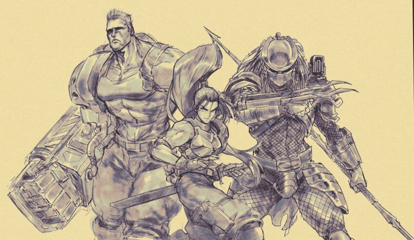 1girl 2boys alien_(series) alien_vs._predator armor breastplate capcom collarbone combistick commentary cyborg david_liu dutch_schaefer elbow_pads faulds fingerless_gloves gloves helmet high_ponytail highres holding holding_weapon holster katana linn_kurosawa long_hair mechanical_arms monochrome multiple_boys muscular muscular_female muscular_male pants plasma_caster ponytail predator_(1987) predator_(character) predator_(series) sheath sheathed short_hair shoulder_armor simple_background single_mechanical_arm sleeveless sword thigh_holster weapon wrist_blades