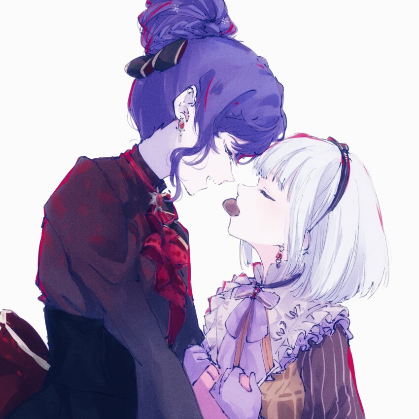 2girls asahina_mafuyu ascot blunt_bangs bow candle_no_kaori_wa_omoide_to_tomo_ni_(project_sekai) closed_eyes curly_hair food_in_mouth gloves grey_hair hashtag-only_commentary heart heart-shaped_pillow highres kono_hito_hari_ni_omoi_wo_komeru_(project_sekai) l9525 multiple_girls official_alternate_costume official_alternate_hair_length official_alternate_hairstyle open_mouth pillow pink_pillow pinstripe_pattern pinstripe_shirt project_sekai purple_bow purple_gloves purple_hair red_ascot shirt sidelocks simple_background white_background yoisaki_kanade yuri