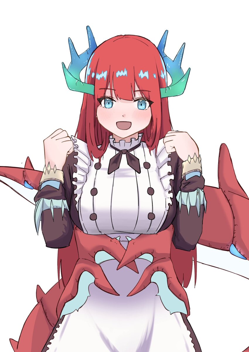 1girl apron blue_eyes blush breasts chef dragon_girl dragon_horns dragon_tail dragon_wings duel_monster frilled_apron frills highres horns kitchen_dragonmaid long_hair looking_at_viewer medium_breasts missing_commentary red_hair simple_background smile solo sonohino7 tail white_apron white_background wings yu-gi-oh!