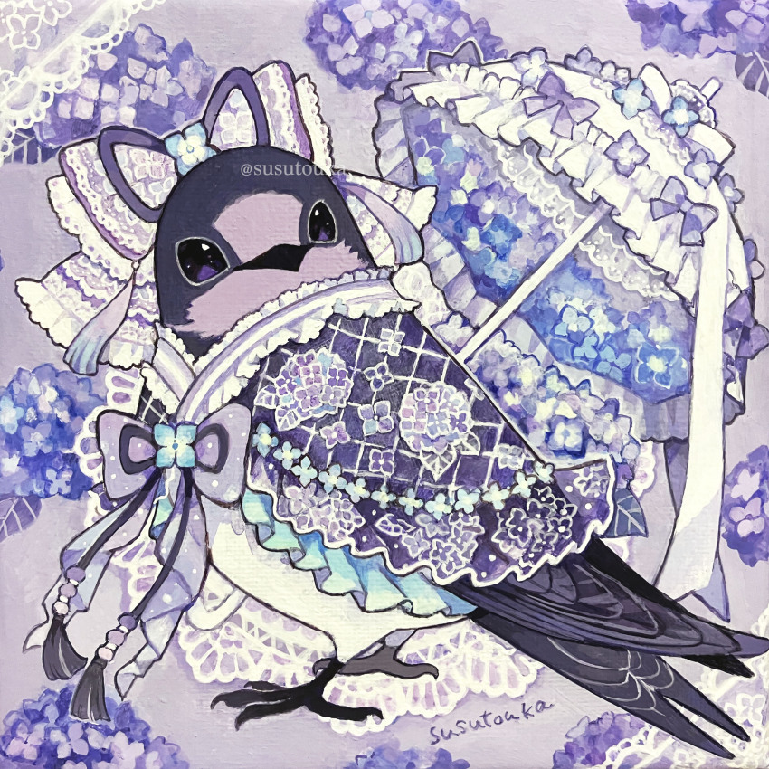 absurdres acrylic_gouache_(medium) acrylic_paint_(medium) animal animal_focus artist_name bird closed_mouth clothed_animal commentary commentary_request embroidery english_commentary flower frills from_side full_body gouache_(medium) highres hydrangea lace no_humans original painting_(medium) parasol purple_eyes purple_flower purple_ribbon purple_theme ribbon solo susutouka swallow_(bird) traditional_media umbrella umbrella_flower