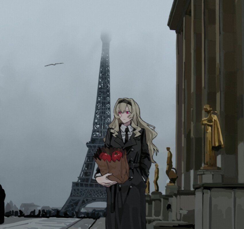 1girl 9urodine bag bird black_coat black_hairband black_necktie blonde_hair building buttons coat collared_shirt eiffel_tower fog hairband hand_in_pocket highres holding holding_bag lapels long_hair necktie outdoors paper_bag people real_world_location red_eyes saijou_claudine shirt shoujo_kageki_revue_starlight statue tomato