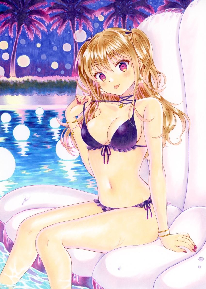 1girl absurdres arm_at_side arm_support bikini bracelet breasts brown_hair choppy_bangs cleavage commentary_request earrings feet_out_of_frame fingernails flower_earrings frilled_bikini frills halterneck hand_up highres jewelry large_breasts light_blush looking_at_viewer marker_(medium) nail_polish navel night original osumi_izumi outdoors palm_tree pool purple_bikini purple_eyes red_nails side-tie_bikini_bottom sitting solo stomach strap_pull string_bikini swimsuit tongue tongue_out traditional_media tree two_side_up water water_drop