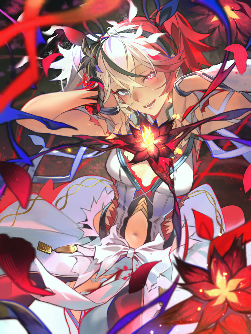 1girl absurdres bare_shoulders blake_bloom_(wuthering_waves) breasts camellya_(wuthering_waves) dress flower grey_eyes heterochromia highres hiro_(hirohiro_gorira) long_hair looking_at_viewer medium_breasts medium_hair multicolored_hair navel open_mouth red_eyes red_hair smile solo split-color_hair white_dress white_hair wuthering_waves